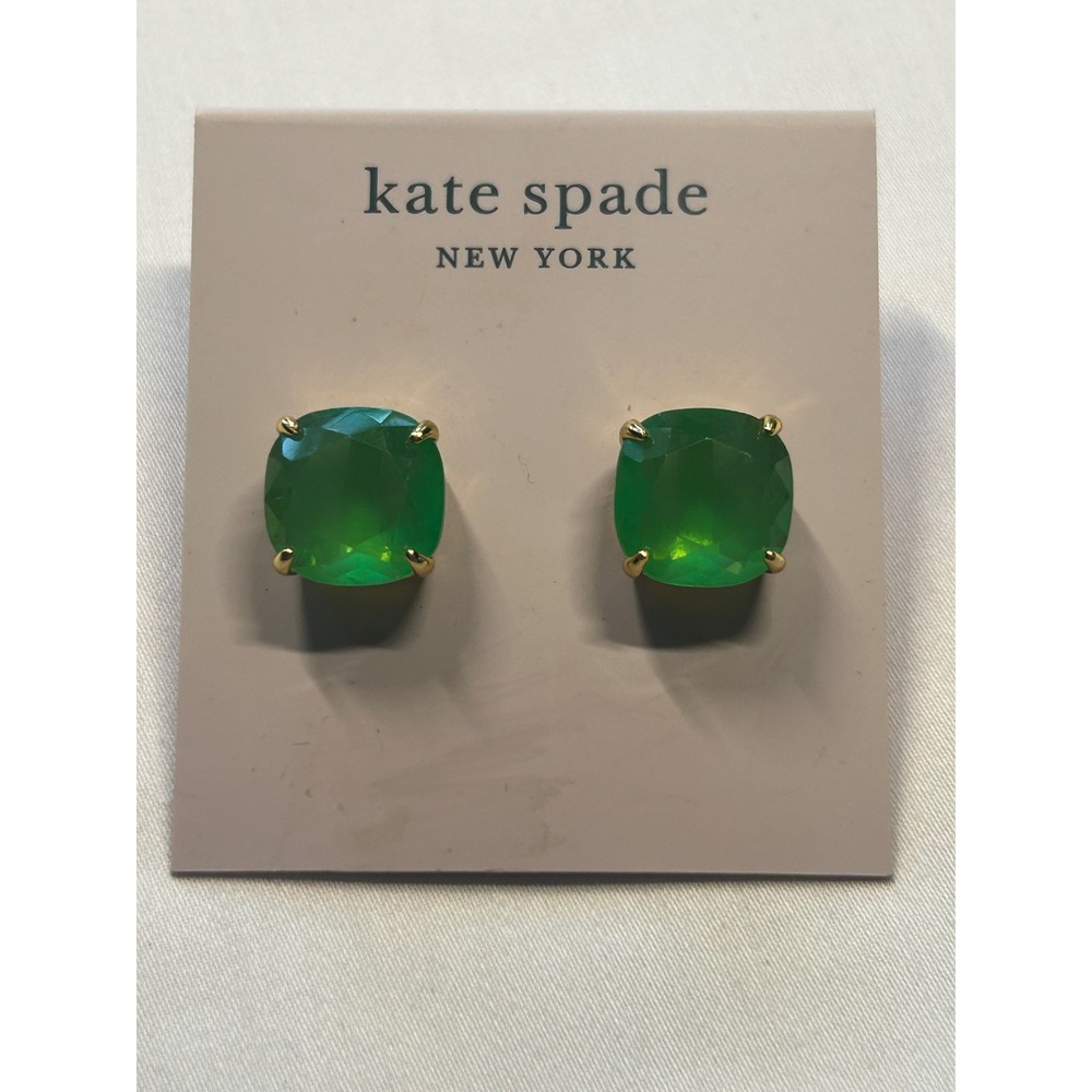 Kate Spade LARGE Stud Earrings Women OS Green Gumdrop Square Crystal Gold Tone